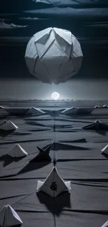 Origami structures and moon in a surreal nightscape.