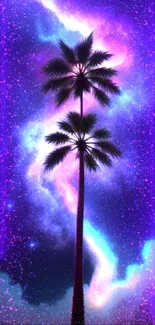 Surreal palm tree with a cosmic galaxy sky.