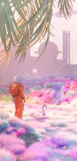 Astronaut standing in a pastel surreal sci-fi landscape.