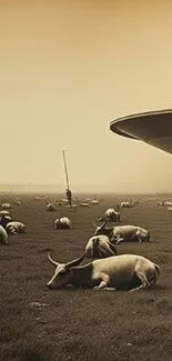 Surreal pasture landscape with UFO and buffaloes under a sepia-toned sky.