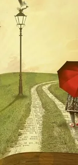 Surreal pathway with red umbrella in dreamlike setting.