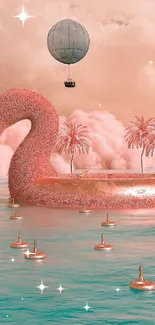 Surreal wallpaper with pink swan island and ethereal clouds.