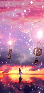 Surreal pink wallpaper with lightbulbs and sunset.