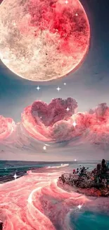 Surreal landscape with pink moon and clouds over ocean.