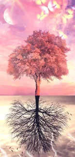 Surreal pink tree with roots and pastel sky in a dreamy landscape wallpaper.