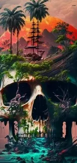 Surreal pirate skull island wallpaper with vivid colors.