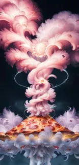 Surreal fantasy art with pink swirling clouds and pizza.