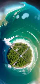 Colorful surreal planet with trees, ocean, and sky.