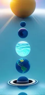 Surreal alignment of planets and spheres in blue tones on mobile wallpaper.