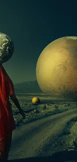 Surreal landscape with planets and figure.