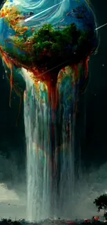 Surreal art of a planet transforming into a waterfall with vivid colors and nature.