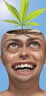 Surreal artwork of a head with a plant against a blue background.