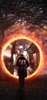 Person approaches glowing portal in a dark forest scene.