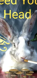 Surreal rabbit with mushrooms and a UFO on dark background.