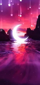 Crescent moon reflecting over a purple ocean and sunset sky.