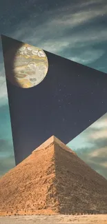 Surreal pyramid art with cosmic sky background.