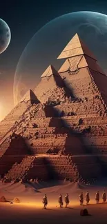 Surreal desert scene with pyramids and moonlit sky.