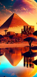 Surreal landscape with pyramid and planet reflecting in an oasis.