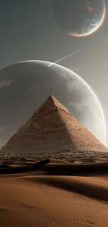 Pyramid under celestial sky with planets, desert terrain in surreal wallpaper.