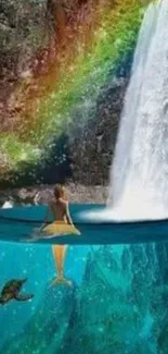 Surreal waterfall and rainbow mobile wallpaper with underwater scene.