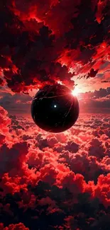 Surreal scene of a dark sphere amidst red clouds.