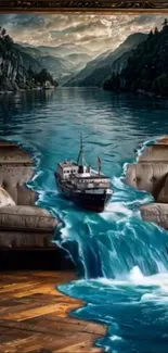 Surreal painting with river flowing from the frame onto a wooden floor.