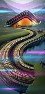 Surreal wallpaper featuring a futuristic house by a river.