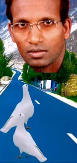 Surreal road with white doves and a floating head.