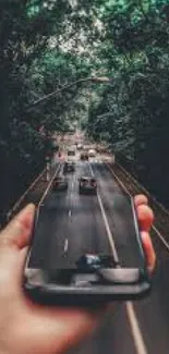 Hand holding phone showing road among trees with surreal blend.