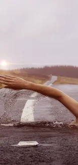 Surreal artwork of swimmer gliding across a road, creating a unique visual illusion.