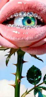 A surreal pink rose with an eye in the center, set against a bright sky.