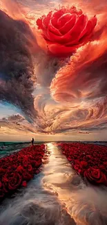 Surreal rose and path under a fiery sky wallpaper.