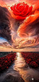 Surreal red rose blooms among swirling clouds in artistic wallpaper.