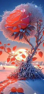 Surreal tree with rose bloom at sunset.