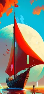 Surreal sailboat with full moon and vibrant sky.