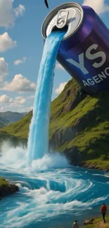 Surreal landscape with giant can waterfall.