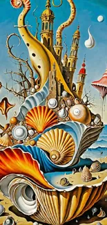 Surreal seashell artwork with fantasy towers and ocean theme.