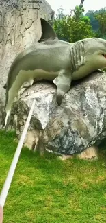 Surreal shark on rock in a grassy landscape art.