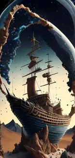 Surreal ship in a bottle with cosmic background.