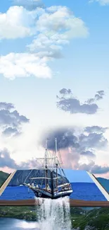 Surreal ship journeying from an open book into a clear sky.