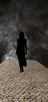 Silhouette on cobblestone path with smoke background.