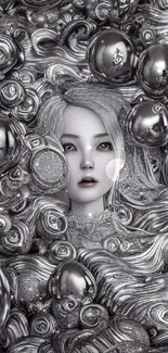 Surreal silver portrait with swirling designs.