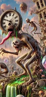 Surreal fantasy art with skeletal creatures and clock face monster.