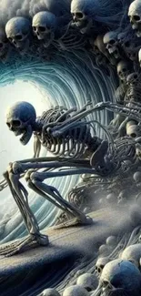 Skeletons forming a surreal wave on mobile wallpaper.