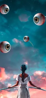 Surreal mobile wallpaper depicting a dreamlike sky with floating eyes.