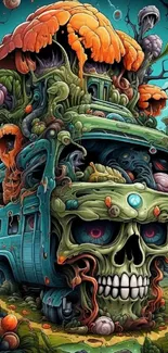 Colorful surreal skull with mushrooms and vehicle design in nature.