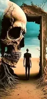 Surreal skull in desert landscape with silhouette figure.