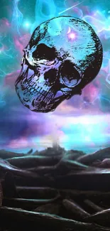 Surreal skull floating in a vibrant, cosmic landscape with colorful galaxy sky.