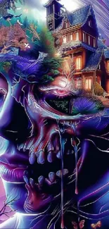 Surreal skull and nature blend with mystical house in vibrant colors.