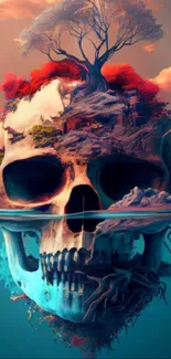 Surreal skull with vibrant nature elements and a teal blue background.